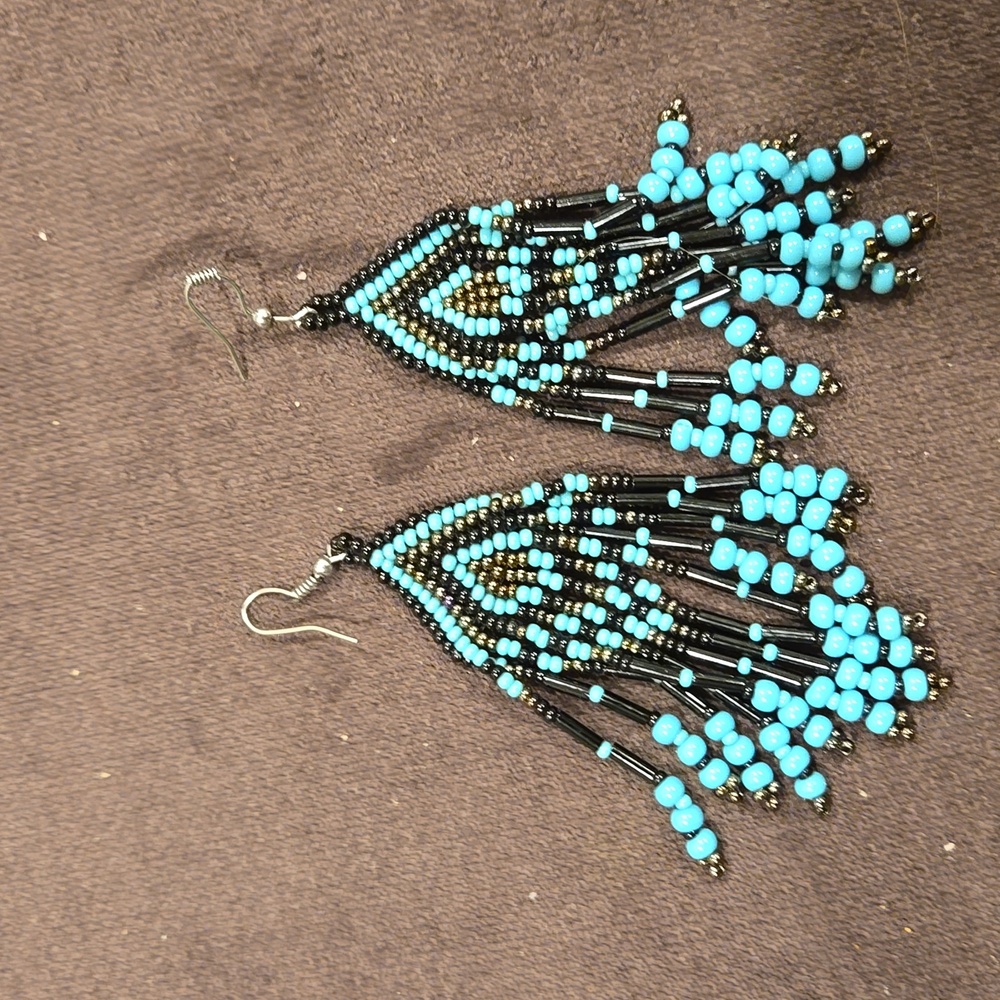 Handmade Beaded Tassel Earrings Silver-Tone French Hooks